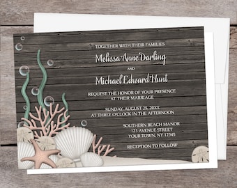 Rustic Beach Wedding Invitations, Seashells Sand - wood background design, rustic under the sea beach invites - Printed Invitations