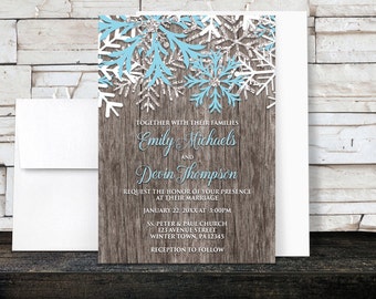 Rustic Winter Wedding Invitations - Rustic Country Winter Wood Aqua Blue Snowflake - Snowflake Wedding Invitations - Printed