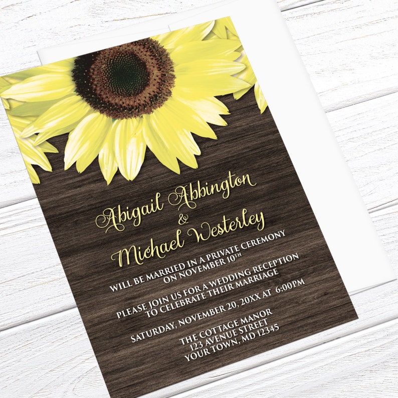 Sunflower Wood Reception Only Invitations Rustic Yellow Floral on Brown Wood Post-Wedding Reception Printed Sunflower Invitations image 2