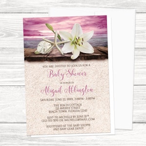 Beach Baby Shower Invitations - Lily Seashells Sand Magenta Plum Pink Purple Rustic Wood Dock - Seaside Tropical - Printed Invitations