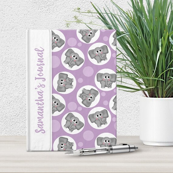 Purple Elephant Personalized Journal - 5x7 lined paper - Cute Elephant Pattern over Purple - Printed Hardcover Journal Il_570xn