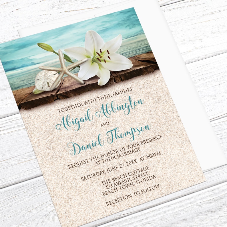 Beach Wedding Invitations, Lily Seashells Sand Teal destination summer tropical wedding invites Printed zdjęcie 2