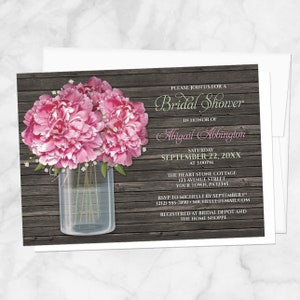 Rustic Peony Bridal Shower Invitations Wood Mason Jar Floral design in Pink Green Brown Peony Shower Invites Printed Peony Invitations image 1