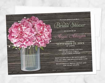 Rustic Peony Bridal Shower Invitations - Wood Mason Jar Floral design in Pink Green Brown - Peony Shower Invites - Printed Peony Invitations