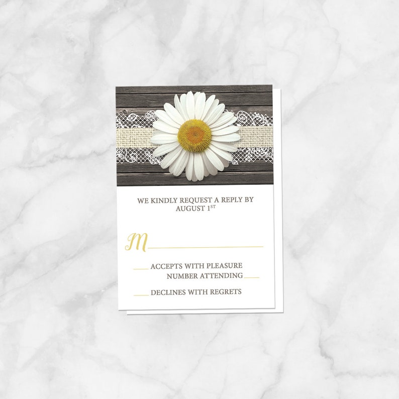 Daisy Wedding Invitations, Burlap and Lace Rustic Wood Printed image 3