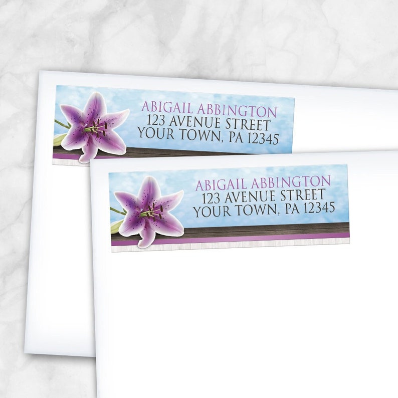 Purple Lily Address Labels, Pretty Floral and Wood design with blue Printed Return Address Labels image 1