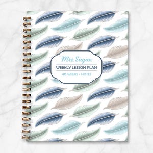 UNDATED Weekly Lesson Plan for teachers or home school, coastal feathers, 7 subjects 40 weeks and notes, personalized Wire Hardcover Book