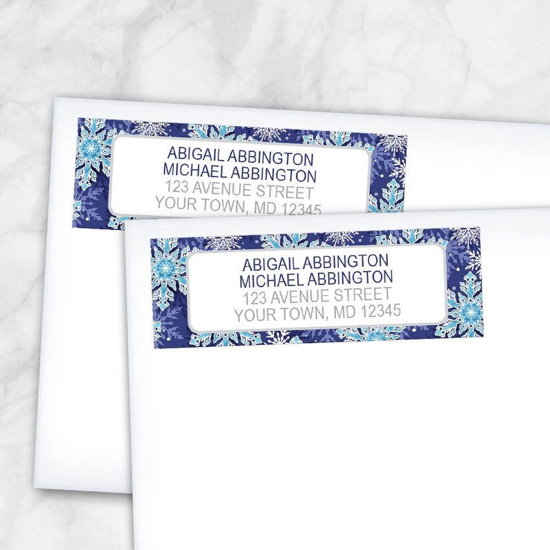 Navy Blue Winter Address Labels, snowflake pattern in navy blue aqua Printed Return Address Labels image 1