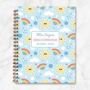 UNDATED Weekly Lesson Plan for teachers or home school, sunshine rainbows, 7 subjects 40 weeks and notes, personalized Wire Hardcover Book