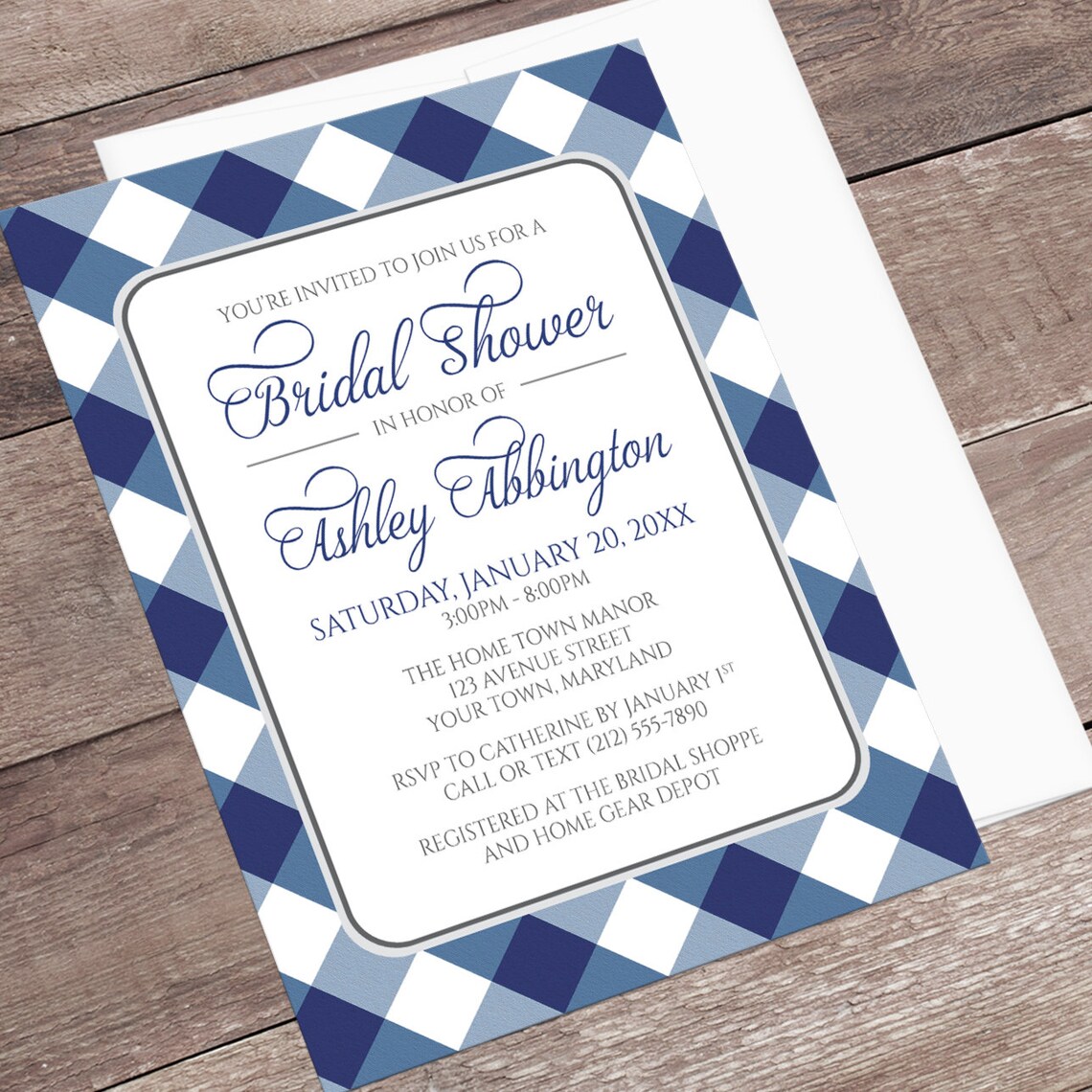 Navy Blue Gingham Bridal Shower Invitations Blue and White Etsy