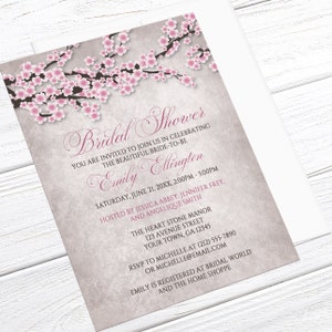 Cherry Blossom Bridal Shower Invitations Rustic Pink Summer Bridal Shower, Spring Bridal Shower Printed Cherry Blossom Invitations image 2