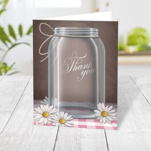 Daisy Mason Jar Thank You Cards, Pink Gingham Country Brown Printed Thank You Cards image 1