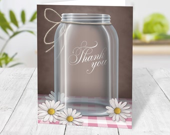 Daisy Mason Jar Thank You Cards, Pink Gingham Country Brown - Printed Thank You Cards