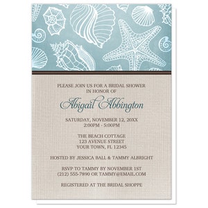 Beach Linen Bridal Shower Invitations Rustic Blue Seashell pattern with Brown and Beige Linen design Printed image 2