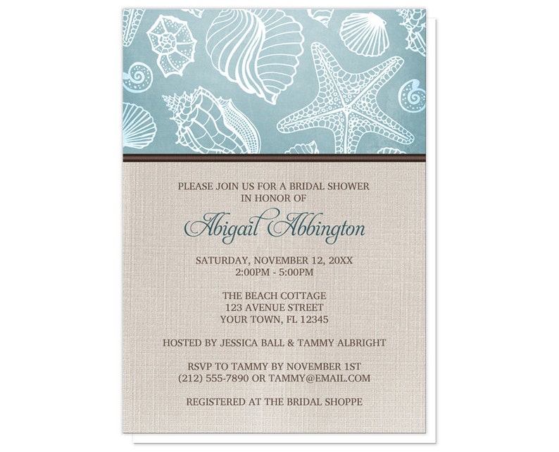 Beach Linen Bridal Shower Invitations Rustic Blue Seashell pattern with Brown and Beige Linen design Printed image 2