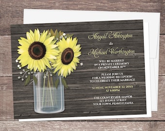 Sunflower Reception Only Invitations - Rustic Mason Jar Wood Post-Wedding Reception, Mason Jar Invites - Printed Sunflower Invitations