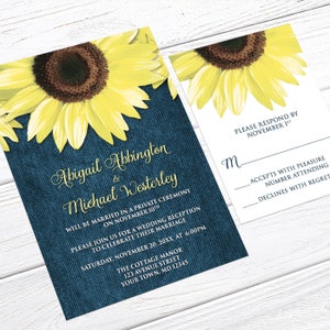 Sunflower Reception Only Invitations, Rustic Denim yellow and blue floral post-wedding reception invites Printed image 3