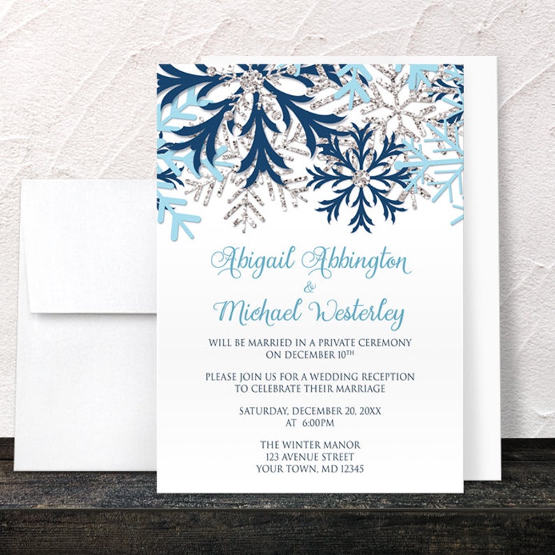 Winter Reception Only Invitations Blue Silver Snowflake design on White Post-Wedding Snowflake Reception Printed Snowflake Invitations image 4