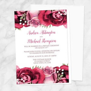 May include: Wedding invitation with a watercolor design of pink and red roses. The invitation announces the marriage of Andrea Abbington and Michael Thompson, to be held on August 10th, with a reception to follow on August 25th at The Cottage Manor, 123 Avenue Street, Your Town, PA 12345.