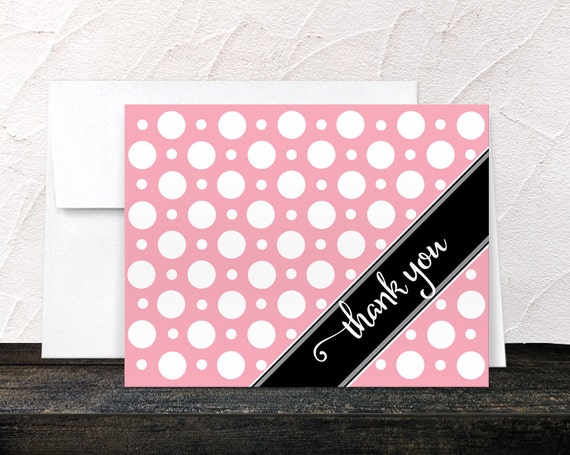 Pink Thank You Cards - Polka Dot Cafe Pink - Stylish Preppy Black Corner Stripe Polka Dot Thank You Cards - Printed Il_570xn