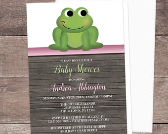 Frog Baby Shower Invitations Girl - Rustic Wood Cute Green Froggy with Pink and Brown - Frog Shower Invites - Printed Frog Invitations