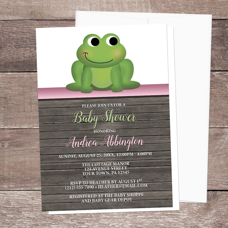 Frog Baby Shower Invitations Girl Rustic Wood Cute Green Etsy