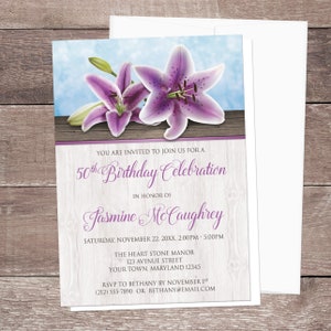 Purple Lily Birthday Invitations: Floral Wood Design