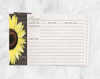 Sunflower Recipe Cards, rustic wood floral design in yellow brown and beige, double-sided - 4x6 Printed Recipe Cards