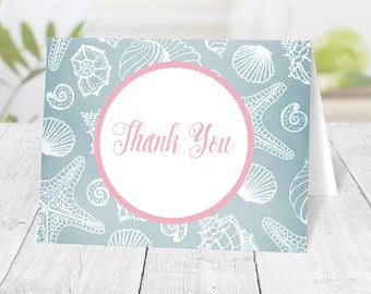 Beach Thank You Cards, Blue Seashell Pattern with Pink - Printed