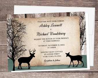 Rustic Woodsy Deer Wedding Invitations - Winter trees and deer-theme wedding - Printed Invites with Envelopes