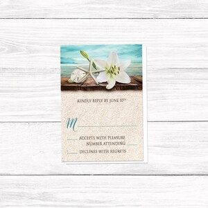 Beach Wedding Invitations, Lily Seashells Sand Teal destination summer tropical wedding invites Printed zdjęcie 4