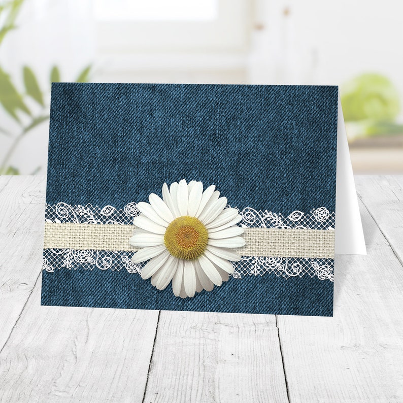 Daisy Note Cards, Burlap Lace Rustic Denim, yellow blue beige white daisy thank you cards Printed image 1