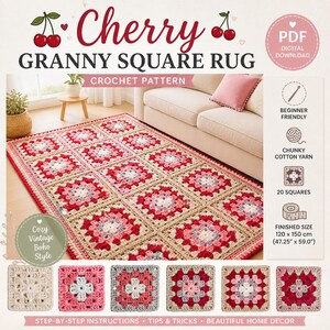 May include: A handmade cherry-colored granny square rug with a cozy vintage boho style. The crochet pattern includes step-by-step instructions and tips. The finished size is 47.25" x 59.0". The rug is made with chunky cotton yarn and is beginner-friendly.