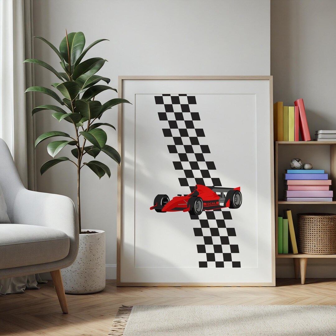 Formula Race Car Art Print, Red Checkered Flag Poster (digital Download ...