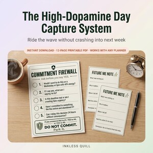 Puede incluir: Un PDF imprimible de 12 páginas titulado The High-Dopamine Day Capture System, que incluye una lista de verificación Commitment Firewall con cinco preguntas y dos tarjetas Future Me Note con espacios para tareas y acciones.