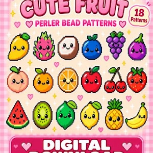 Può includere: Un foglio da scaricare in digitale con 18 schemi in pixel art per perline da stirare raffiguranti frutta carina con faccine, tra cui mango, dragon fruit, cocco, mirtillo, uva, melanzana, pesca, arancia, mela, ciliegie, fragola, anguria, kiwi, lime, limone, ananas e banana.