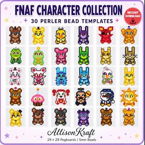 May include: A digital collection of 30 FNAF character perler bead templates arranged in a grid. The image features pixel art designs of various colorful characters, including bears, rabbits, and birds. Text includes FNAF CHARACTER COLLECTION.