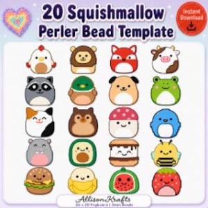 May include: A digital template titled 20 Squishmallow Perler Bead Template featuring twenty colorful, rounded character illustrations including animals, food items, and nature motifs arranged in a grid for crafting with 5mm beads.