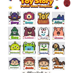 Puede incluir: Una plantilla digital de cuentas perler de Toy Story con dieciséis diseños de personajes en pixel art, incluyendo a Zurg, Rex, Forky, Hamm, Slinky Dog, Buzz Lightyear, Jessie y Woody. Cada personaje está etiquetado en una cuadrícula de 29x29.