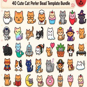 Pacote com 40 padrões de gatos em contas Perler | Modelos de arte pixelada kawaii (Download digital)