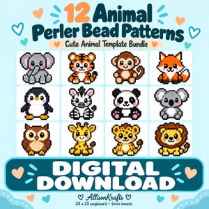 Könnte beinhalten: Ein digitales Download-Paket mit 12 Bügelperlen-Mustern für eine 29 mal 29 Steckplatte mit 5 mm Perlen. Die Grafik zeigt Pixel-Art-Motive von Elefant, Tiger, Affe, Fuchs, Pinguin, Zebra, Panda, Koala, Eule, Giraffe, Leopard und Löwe.