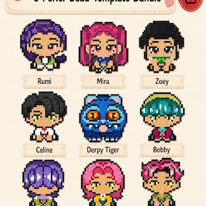 May include: A digital download bundle of 9 KPop Demon Hunters character Perler bead templates. The grid includes pixel art designs for Rumi, Mira, Zoey, Celine, Derpy Tiger, Bobby, Mystery Saja, Romance Saja, and Abby Saja for a 29x29 pegboard.