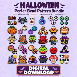 May include: A digital Halloween Perler bead pattern bundle by AllisonKrafts for a 29x29 pegboard using 5mm beads. The image displays various pixel art designs including ghosts, pumpkins, bats, candy corn, monsters, a haunted house, and witch hats.
