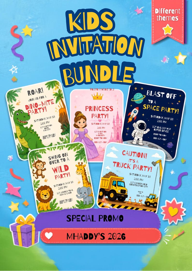 Kids Invitations Kid's Birthday Party Invite Bundle: Dinosaur, Princess, Space Themes ...