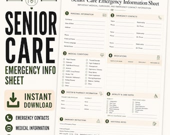 Senior Care Emergency Information Sheet | Medical, Contacts, Preparedness (Digital Download)