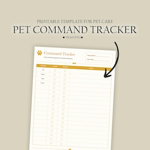 May include: A printable pet command tracker template featuring a beige background with gold text. The document includes fields for puppy name, start date, and a table with columns for command, started, mastered, and notes, marked by a paw print.