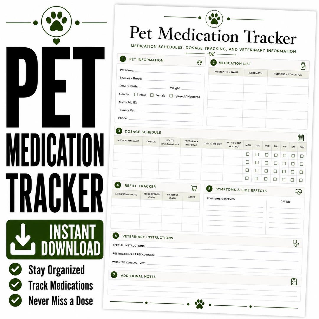 Pet Medication Tracker Printable | Pet Medication Log PDF | Veterinary ...
