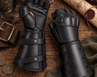Medieval Leather Gauntlet Gloves, Renaissance Faire Bracer Cuffs, Faux Leather Warrior Gloves, LARP Cosplay Accessory, Knight Costume