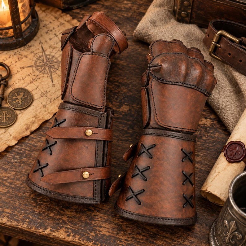 May include: A pair of brown leather fingerless gauntlets featuring reinforced knuckle plates, adjustable straps with brass-colored metal studs, and black cord lacing along the forearm sections. The gauntlets have a textured finish.