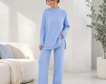 Cozy Knit Two Piece Lounge Set for Women, Turtleneck Sweater and Straight Leg Jogger Pants, Autumn Winter Matching Tracksuit Outfit